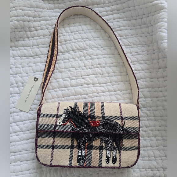 Anthropologie Fiona Beaded Horse Equestrian British Check Old Money NWT - Picture 2 of 13